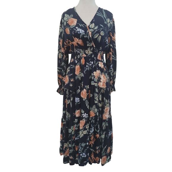 Vici Size S Long Sleeve Fit & Flare Navy Floral Tiered Dress Romantic Fall - Picture 1 of 9